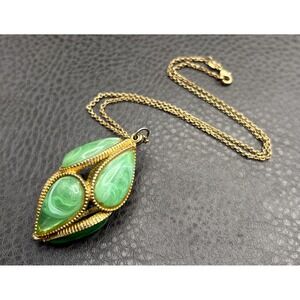 VTG Gold Tone Green Marbled Resin Pendant 925 Necklace Etruscan Revival Style